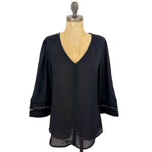 FORTUNE + IVY Mixed Media Blouse M Crepe Front Knit Back Black Tunic NEW B88